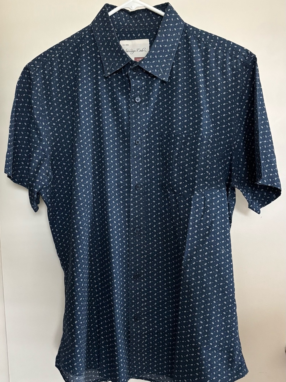 Sovereign Code Men’s Short Sleeve Collar Shirt Navy Blue Paisley Print Large